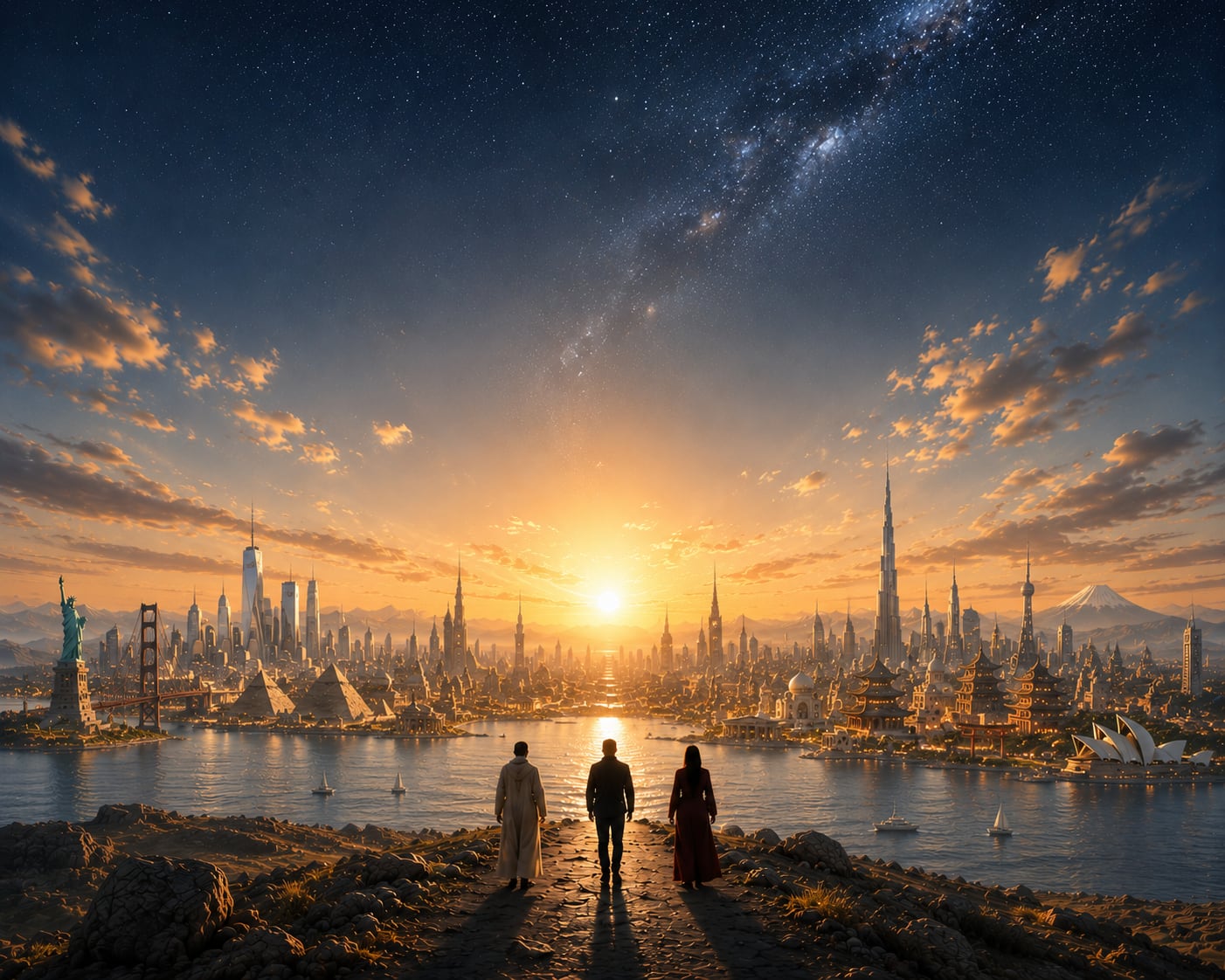 Three figures stand on a rocky overlook before a bay city of the world's landmarks, beneath one sky where sunset and stars meet.