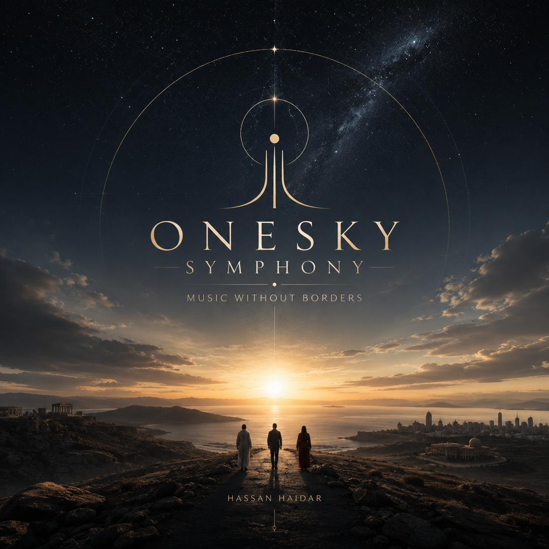 ONE SKY SYMPHONY key art — three figures walking toward a sunrise between ancient ruins and a modern city, beneath one starry sky.