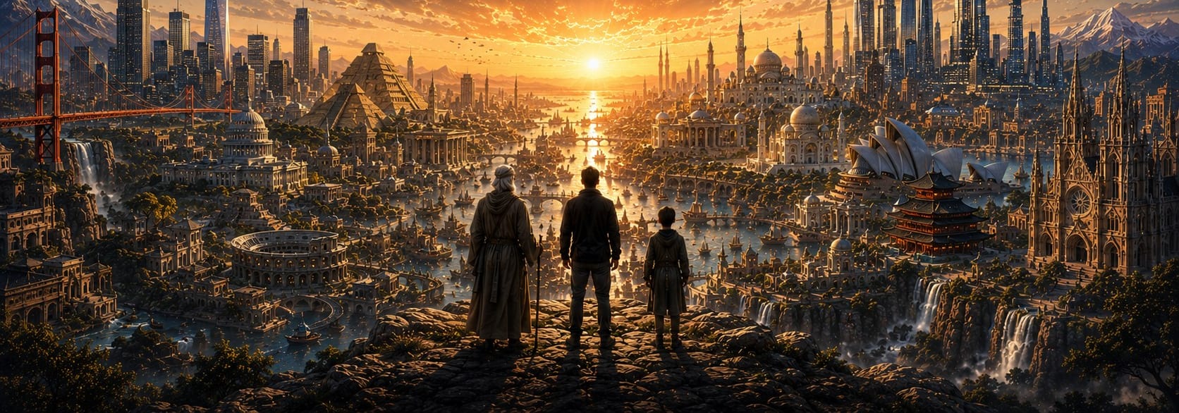 Three figures on a rocky overlook watch a bay city built from the world's landmarks — the Golden Gate Bridge, pyramids, the Taj Mahal, the Sydney Opera House, pagodas, snow-capped peaks — gathered around one sunlit horizon.